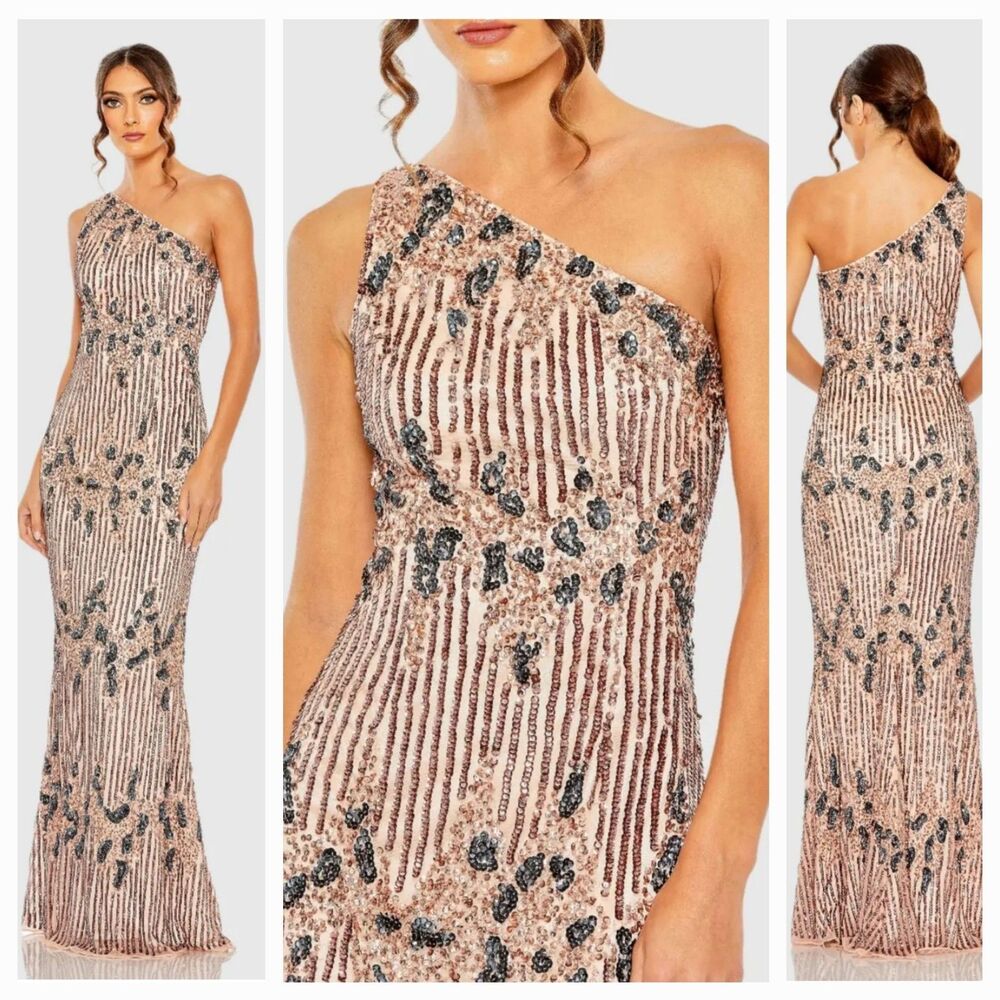 New MAC DUGGAL (5976) Peach One-Shoulder Sequin Embellished Gown Women's (8)